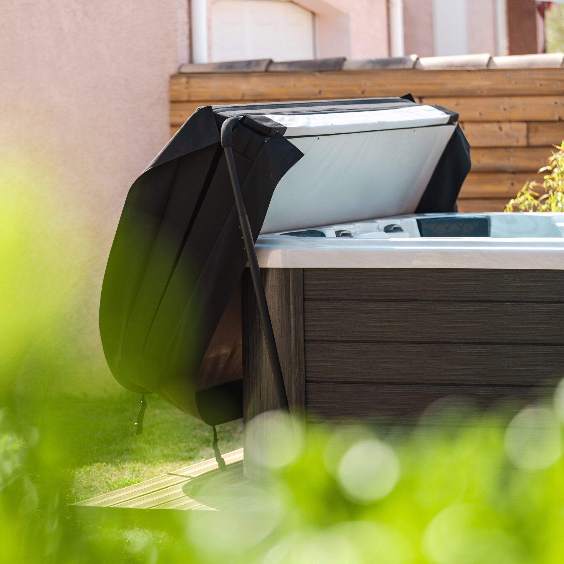 Modern outdoor hot tub with cover